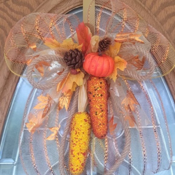 Fall Autumn Beaded Indian Corn Pumpkin Acorns Wreath Wall Hanging Door Swag - Picture 1 of 3